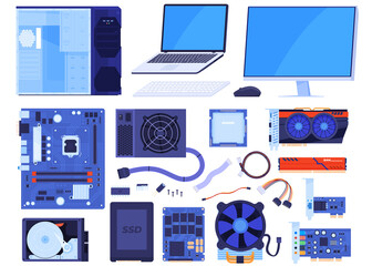 Set of computer parts. Case, monitor, laptop, motherboard, processor, video card, RAM, keyboard, mouse, hard drive, SSD, wires. Isolated vector illustration