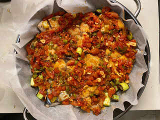 Bonito Fish Pieces with Tomato Sauce and Leek Baked in Oven with Pan / Fish Casserole.