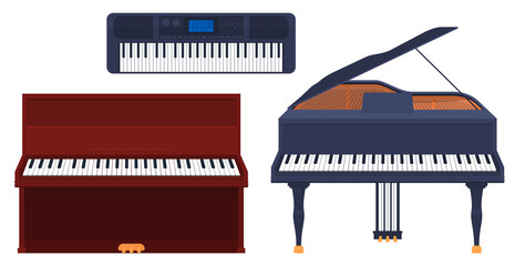 Set of keyboard musical instruments, piano, grand piano, synthesizer isolated on a white background. Vector illustration © Igor