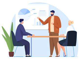 Discussion of work processes between employees, meeting, advice of senior employees, vector illustration