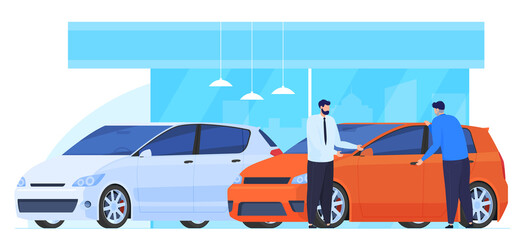 Buying, selling, renting cars. The man checks the car before buying. The manager offers a certain car to the buyer. Vector illustration