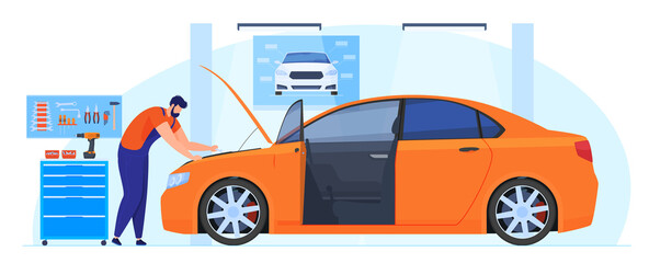 Auto workshop. Diagnostics, car repair. The master repairs the breakdown, performs diagnostics. Vector illustration