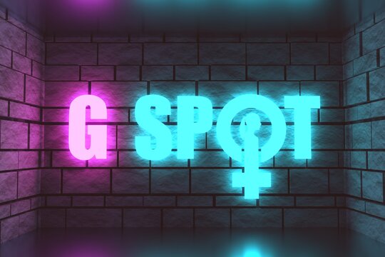 Metaphor of exploring female sexuality. Spot-g erogenous zone emblem. Female sign icon. Silhouette of woman head. 3D rendering. Neon shine letters and brick wall