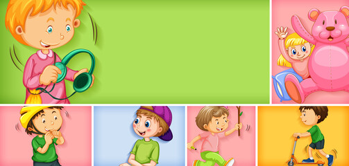 Set of different kid characters on different color background