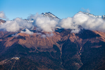 Mountains of the Caucasian ridge from a vantage point 2200 m in height on Krasnaya Polyana, Russia