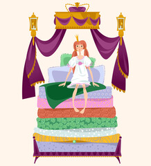 The Princess and the pea. A girl is sitting on a pile of mattresses under Royal canopy. © ngvozdeva