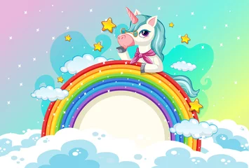 Foto op Plexiglas Blank banner with cute unicorn in the pastel sky background © GraphicsRF