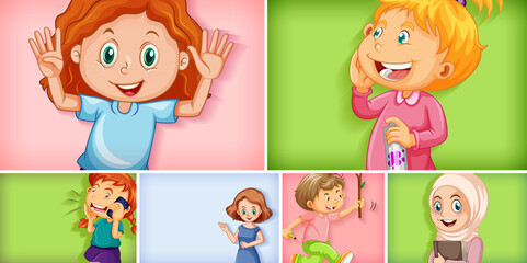 Set of different kid characters on different color background