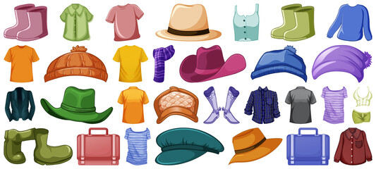 Set of fashion outfits and accessories on white background
