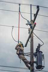 Lineman climb concrete pole and use clamp stick grip all types to connect the single phase transformer to the distribution system.