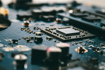 Close-up printed circuit board with electronics components. Macro photography for electric...