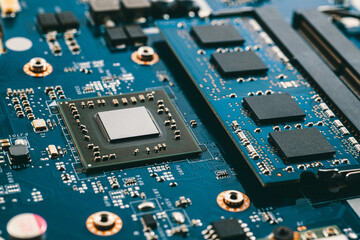Close-up printed circuit board with electronics components. Macro photography for electric...