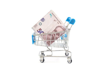 hryvnia in a toy shopping cart isolated on white.