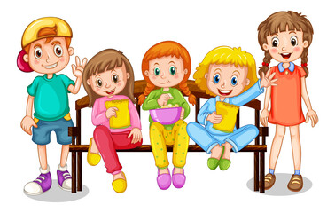 Group of young children cartoon character on white background