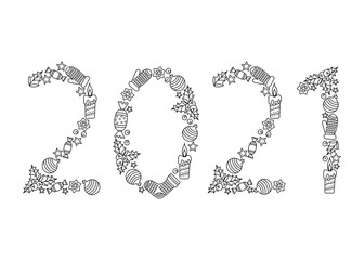 Coloring book Cute doodle 2021 numbers. Black and white Hand drawn vector illustration. Design for seasonal holidays, Christmas and happy new year