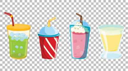 Set of different types of soft or sweet drinks isolated on transparent background