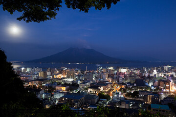 城山展望所から見る鹿児島市の夜景と桜島	