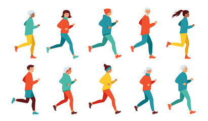 Collection of running women and men of different ages and nationalities. Healthy lifestyle, active retired seniors. Morning, evening jogging, city marathon, competitions. Isolated vector illustration