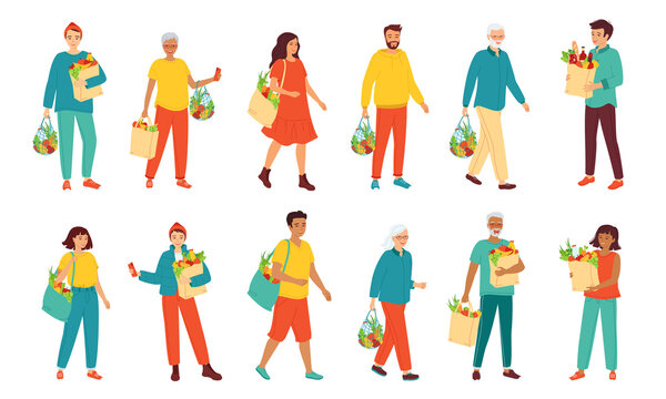 Collection men and women different ages and nationalities holding natural products. People with a grocery bag. Healthy fresh food, fruits and vegetables. Zero waste, vegetarianism. Vector illustration