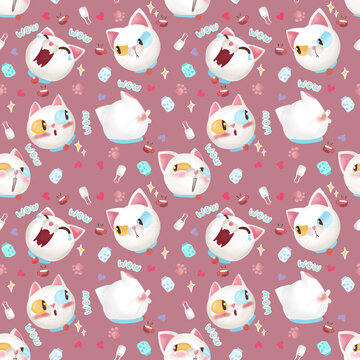 Seamless cute two color eyes cat drawing pattern with Funny characters. White cat emoji set pattern. Wallpaper, notebook, phone case print.