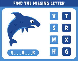 Find the missing letter with sea animal. Vocabulary worksheet for kindergarten school.
