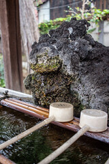 A natural rocky chozu hand washing basin at a Shinto Shrine in Japan