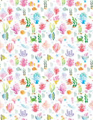 海,海中,南国,サンゴ,夏素材,総柄,シームレスパターン