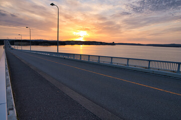 能登島大橋, 夕焼け, 空, 浜, 道, 海, 太陽