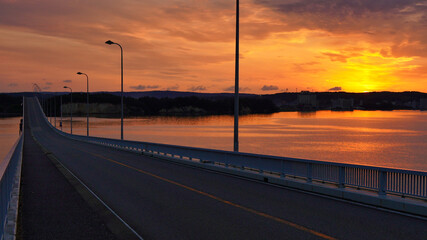能登島大橋, 夕焼け, 空, 浜, 道, 海, 太陽