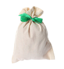 Small bag with green ribbon isolated on white. Christmas advent calendar