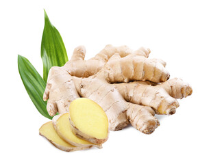 Aromatic fresh ginger with green leaves on white background