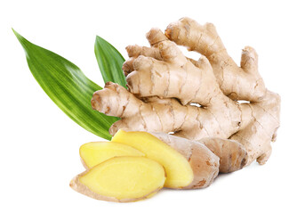 Aromatic fresh ginger with green leaves on white background