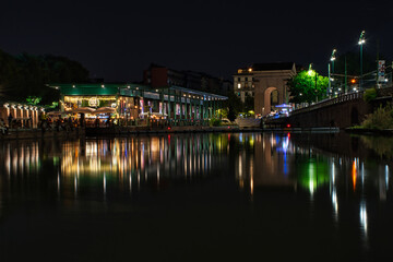 Fototapeta na wymiar Colorful, stunning Milan dockyard, Darsena di Milano area during the night. Long exposure photography