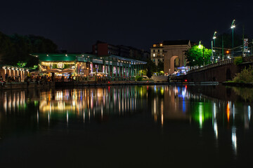 Colorful, stunning Milan dockyard, Darsena di Milano area during the night. Long exposure photography