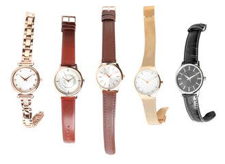 Collage of stylish watches on white background