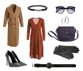 Stylish look. Collage with modern clothes, gloves and other accessories for woman on white...