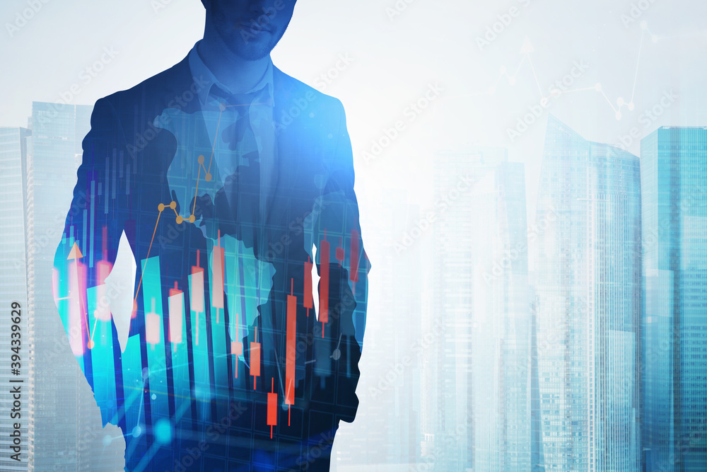 Poster man in city, map and graph