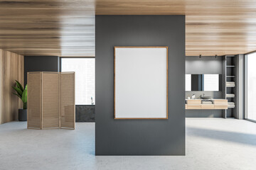 Mockup frame canvas in grey wooden bathroom with two sinks and wooden panel