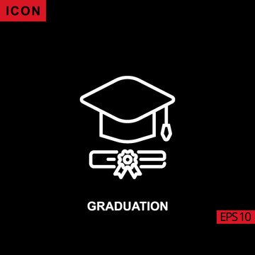 Icon graduation with hat and certificate vector on black background. Illustration line, linear, outline and lineal icon for graphic, print media interfaces and web design.