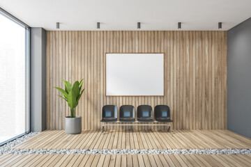 Mockup canvas frame over four seats in the wooden hall room and big window