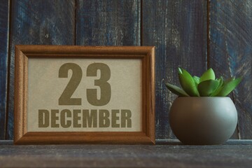 december 23rd. Day 23 of month, date in frame next to succulent on wooden background winter month, day of the year concept