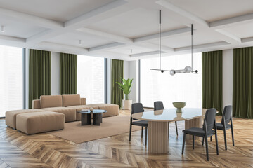 Living room with brown and grey furniture, chairs and sofa and big windows