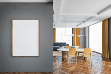 Mockup canvas and yellow and grey furniture in living room, chairs and sofa