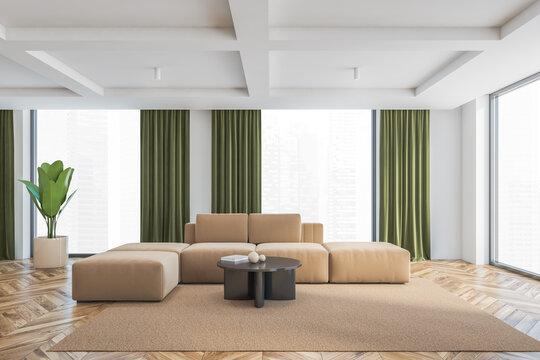 Living room with brown and green design, sofa with carpet and big windows