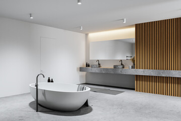 Naklejka na ściany i meble White and concrete bathroom corner with tub and sink, side view