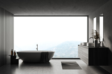 Naklejka na ściany i meble Concrete and dark wooden bathroom interior with tub and sink