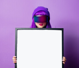 Style woman in VR glasses and 80s tracksuit and mockup frame