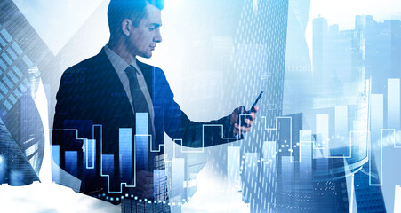 Man with phone in city and graph