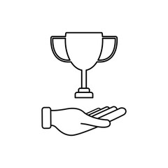 Hand holding Victory cup. First place cup. Minimalistic Trophy cup.