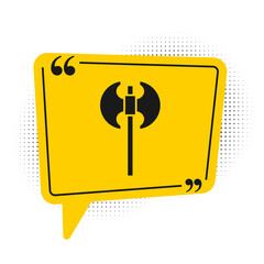 Black Medieval axe icon isolated on white background. Battle axe, executioner axe. Medieval weapon. Yellow speech bubble symbol. Vector.